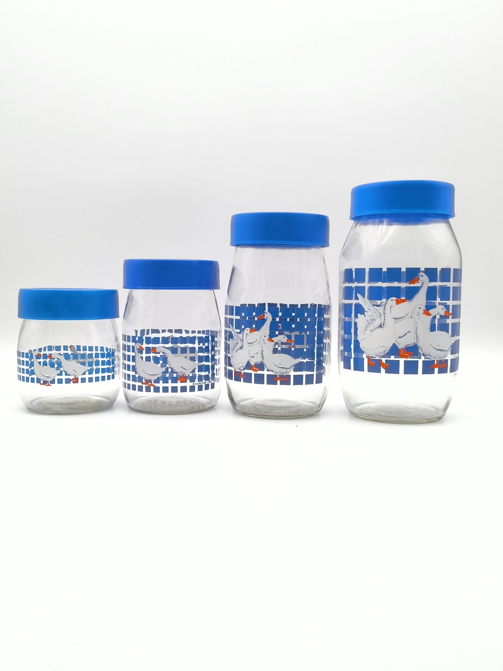 1982 Set of 4 Carlton Glass Country Geese Canisters - 3/4L, 1L, 1.5L, 2L